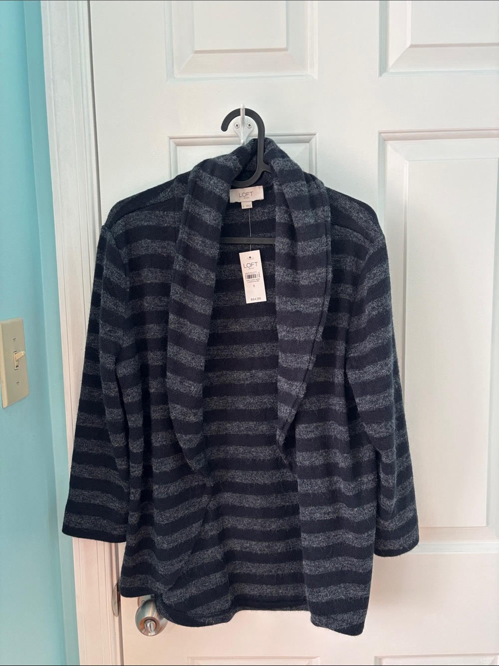 LOFT Black and Gray Striped Open-Front Shawl Cardigan